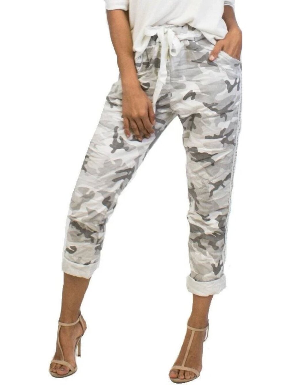 NWT Scandal Italy Caterina Camo Pants White Silver Joggers OS One Size